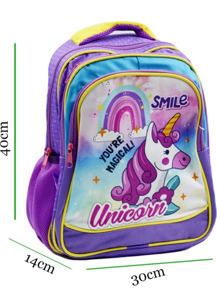 3 Bölmeli Ilkokul Okul Sırt Çantası ve Beslenme Çantası Unicorn Mor modelleri