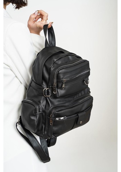 Yıkamalı Deri Kadın Siyah Sırt Çantası