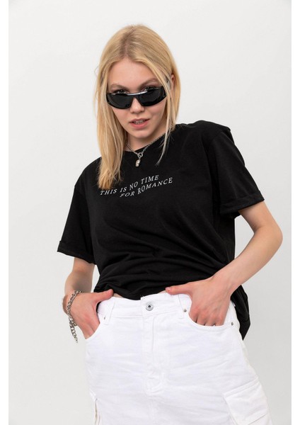 No Time For Romance Baskılı Oversize %100 Pamuk Kadın Tişört