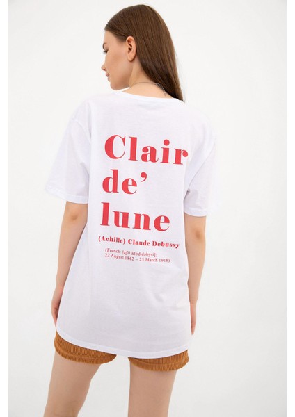 Sırtı Clair De Lune Grafik Baskılı Oversize %100 Pamuk Kadın Tişört