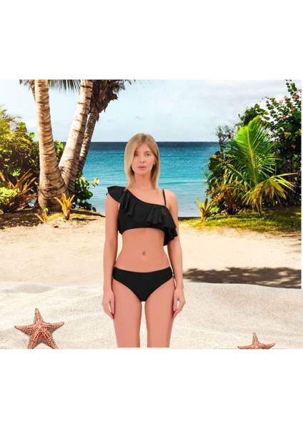 Düz Fırfırlı Tek Askılı Tek Omuzlu Bikini