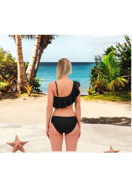 Düz Fırfırlı Tek Askılı Tek Omuzlu Bikini