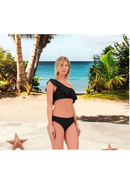 Düz Fırfırlı Tek Askılı Tek Omuzlu Bikini