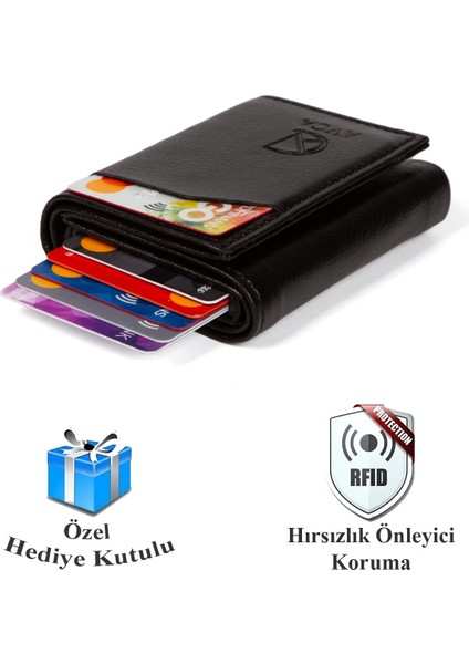 Erkek Siyah Orijinal Mekanizmalı Nakit Para Bölmeli RFID Hırsızlık Koruyuculu Özel Kutulu Çıtlı Deri Cüzdan Kartlık