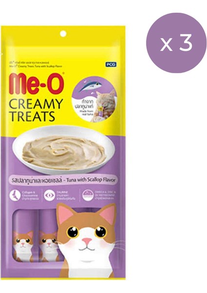 Me-O Creamy Treats Ton Balığı ve Deniz Taraklı Krem Kedi Ödül Maması 4 x 15 G 3'lü Paket