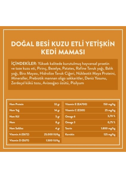 Doğal Besi Kuzu Etli Yetişkin Kedi Maması 2 Kg