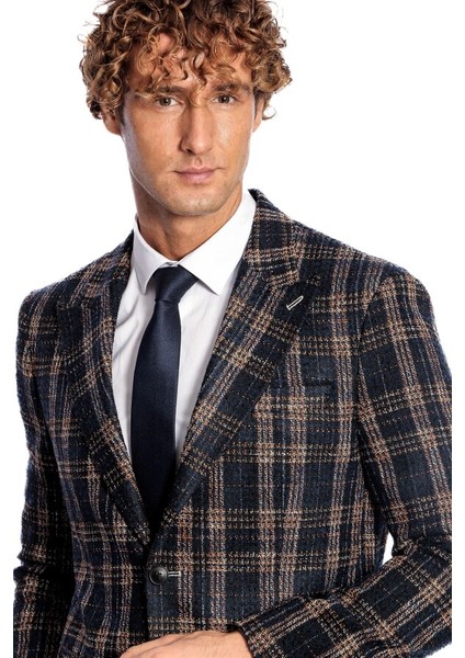 Ekose Desen Slim Fit Lacivert Erkek Ceket fiyatları