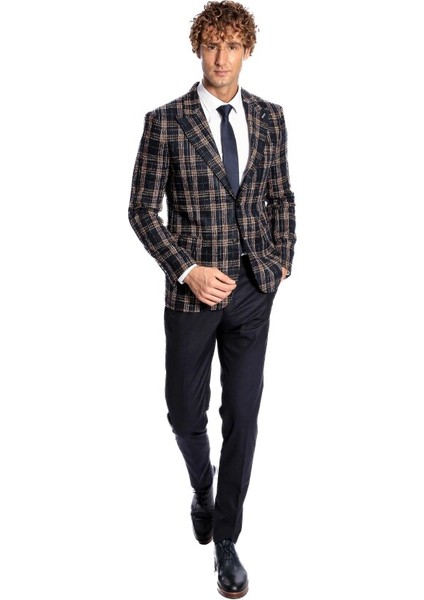 Ekose Desen Slim Fit Lacivert Erkek Ceket modelleri