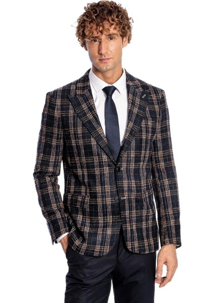 Ekose Desen Slim Fit Lacivert Erkek Ceket fırsatları