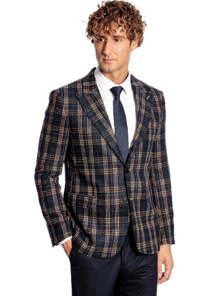 Ekose Desen Slim Fit Lacivert Erkek Ceket indirimleri