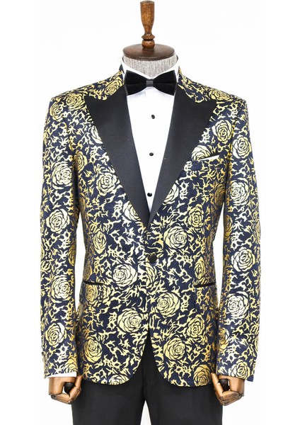 Gold Gül Desenli Slim Fit Lacivert Erkek Smokin Ceket fiyatları
