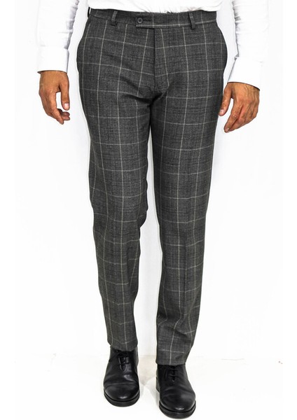 Kare Desenli Slim Fit Füme Erkek Pantolon modelleri