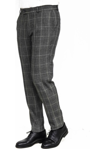Kare Desenli Slim Fit Füme Erkek Pantolon fırsatları