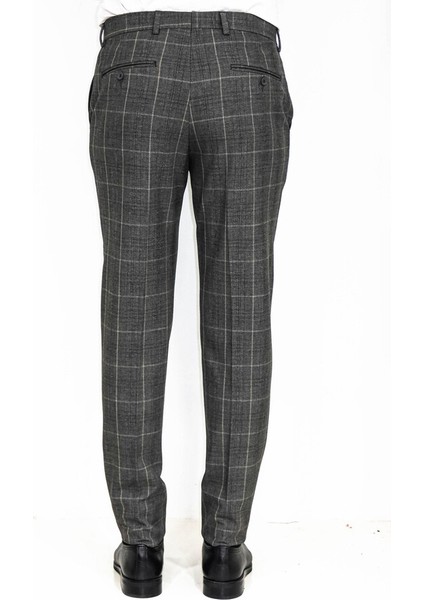 Kare Desenli Slim Fit Füme Erkek Pantolon indirimleri