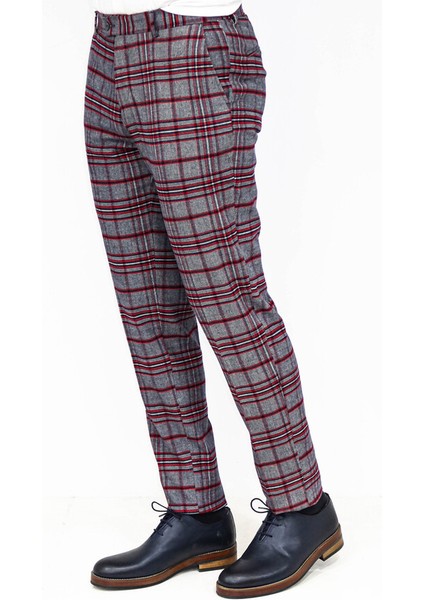 Ekose Desenli Slim Fit Koyu Mavi Erkek Pantolon