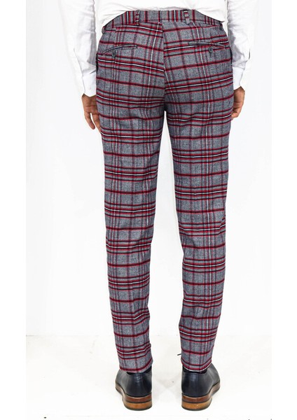 Ekose Desenli Slim Fit Koyu Mavi Erkek Pantolon