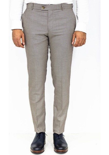 Kazayağı Desenli Açık Kahverengi Erkek Pantolon