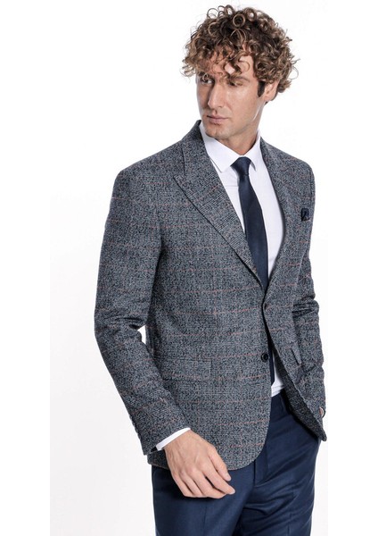 Ekose Desen Slim Fit Lacivert Erkek Ceket