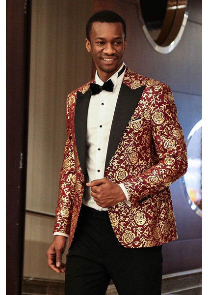 Gold Gül Desenli Slim Fit Bordo Erkek Smokin Ceket