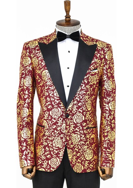 Gold Gül Desenli Slim Fit Bordo Erkek Smokin Ceket fiyatları