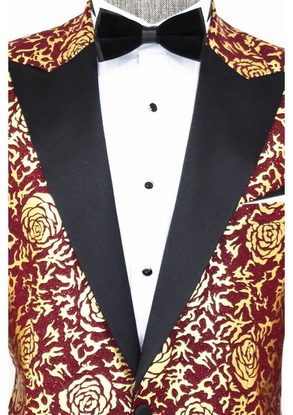Gold Gül Desenli Slim Fit Bordo Erkek Smokin Ceket modelleri