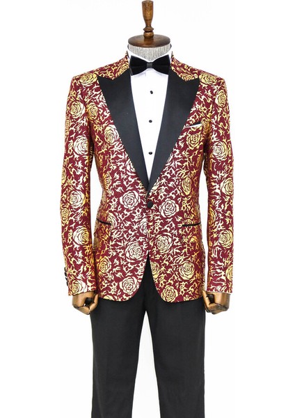 Gold Gül Desenli Slim Fit Bordo Erkek Smokin Ceket fırsatları