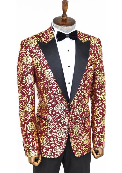 Gold Gül Desenli Slim Fit Bordo Erkek Smokin Ceket indirimleri