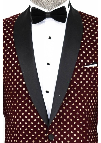 Nokta Desenli Slim Fit Bordo Erkek Smokin Ceket modelleri