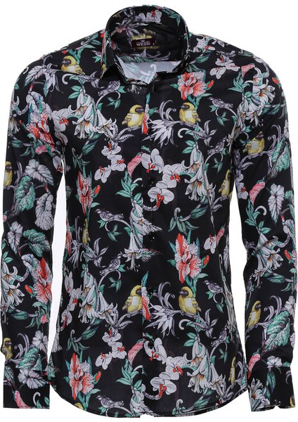 Çiçek Kuş Desenli Slim Fit Uzun Kollu Siyah Erkek Gömlek