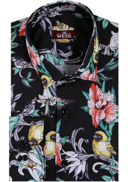Çiçek Kuş Desenli Slim Fit Uzun Kollu Siyah Erkek Gömlek modelleri