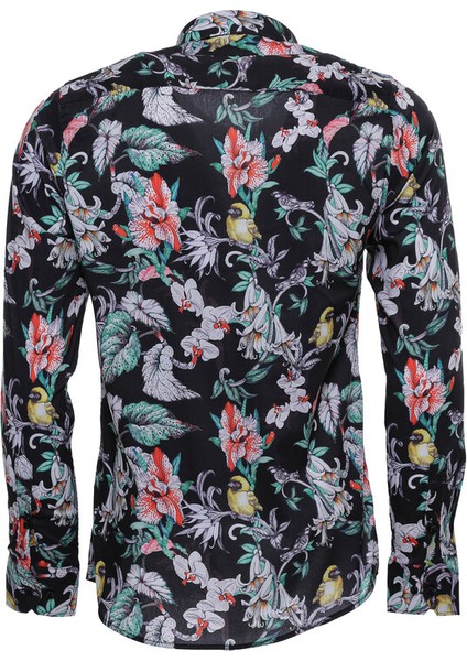 Çiçek Kuş Desenli Slim Fit Uzun Kollu Siyah Erkek Gömlek fırsatları