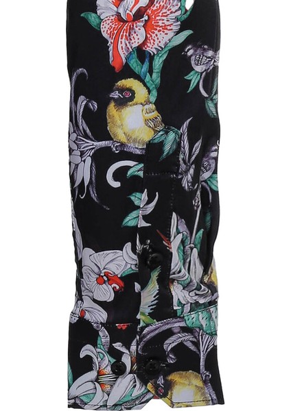 Çiçek Kuş Desenli Slim Fit Uzun Kollu Siyah Erkek Gömlek indirimleri