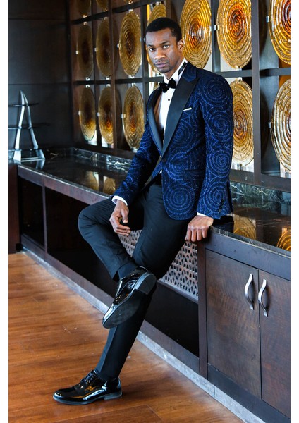 Hipnoz Desen Sivri Yaka Slim Fit Lacivert Erkek Smokin Ceket