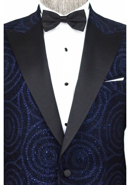 Hipnoz Desen Sivri Yaka Slim Fit Lacivert Erkek Smokin Ceket modelleri