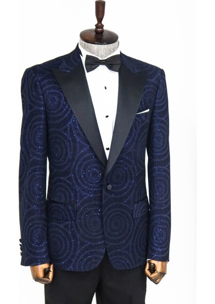 Hipnoz Desen Sivri Yaka Slim Fit Lacivert Erkek Smokin Ceket fırsatları
