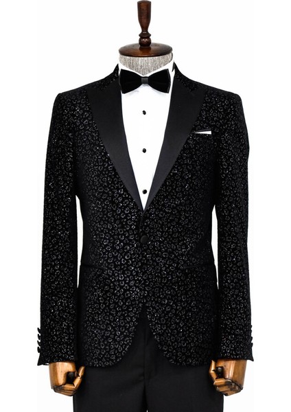 Leopar Desenli Slim Fit Siyah Erkek Smokin Ceket