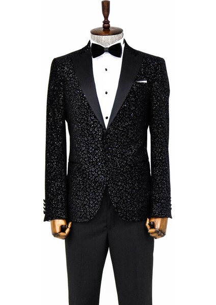 Leopar Desenli Slim Fit Siyah Erkek Smokin Ceket fırsatları