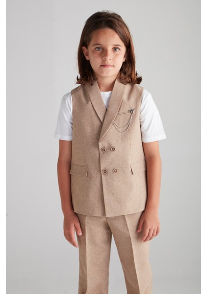 Erkek Çocuk Kolsuz Kruvaze Takım Elbise (Vizon) - Yaka Aksesuarlı modelleri