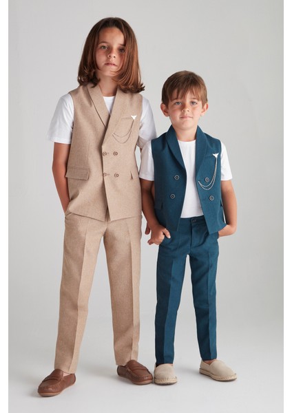 Erkek Çocuk Kolsuz Kruvaze Takım Elbise (Vizon) - Yaka Aksesuarlı fırsatları