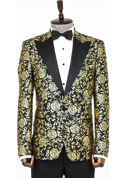 Gold Gül Desenli Slim Fit Siyah Erkek Smokin Ceket fiyatları