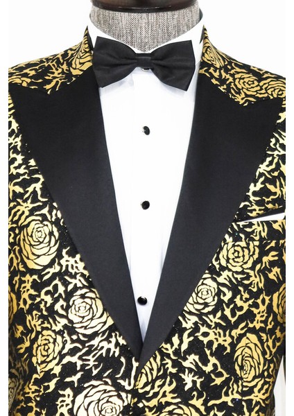 Gold Gül Desenli Slim Fit Siyah Erkek Smokin Ceket modelleri