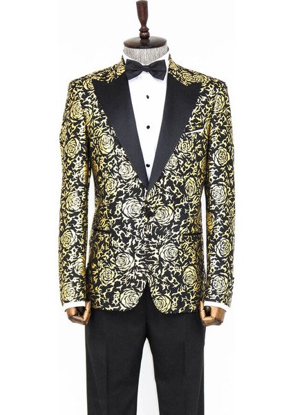 Gold Gül Desenli Slim Fit Siyah Erkek Smokin Ceket indirimleri