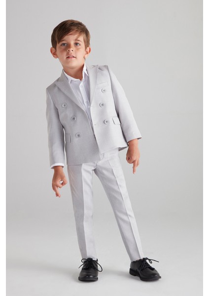 Erkek Çocuk Kruvaze Çizgili Takım Elbise (Gri) - Üçlü Takım (Pantolon,gömlek,ceket) fiyatları