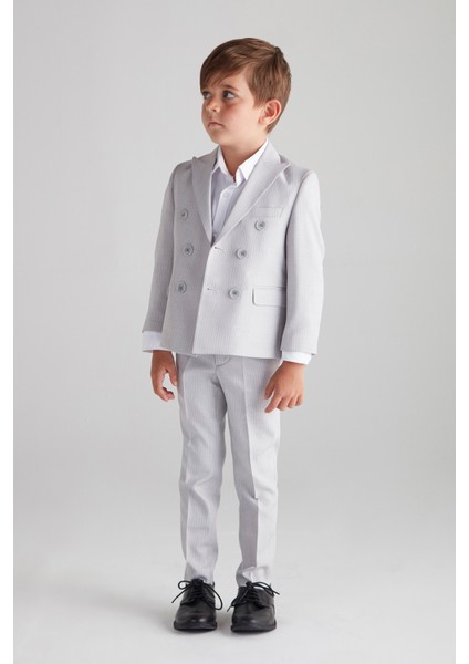 Erkek Çocuk Kruvaze Çizgili Takım Elbise (Gri) - Üçlü Takım (Pantolon,gömlek,ceket) modelleri