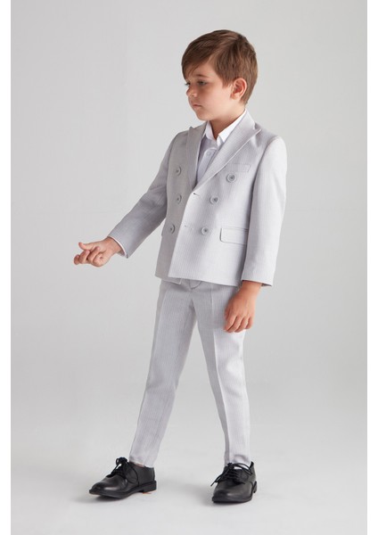 Erkek Çocuk Kruvaze Çizgili Takım Elbise (Gri) - Üçlü Takım (Pantolon,gömlek,ceket) fırsatları