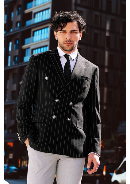 Kruvaze Slim Fit Çizgili Siyah Erkek Ceket