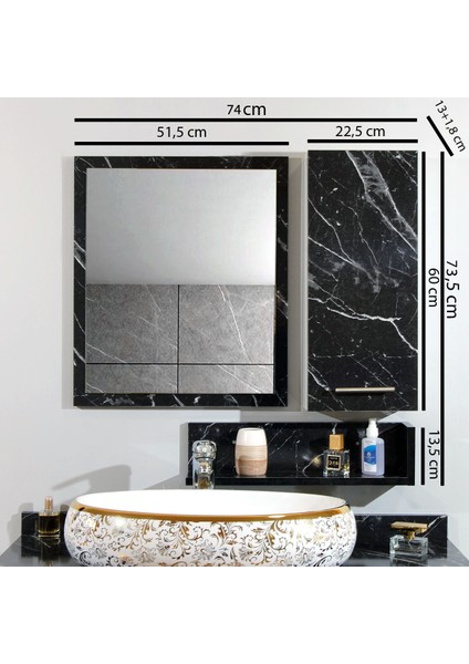 Banyo Dolabı Aynası Rafı Mdf 80 cm Üst Modül Siyah Beyaz Mermer Desen fiyatları