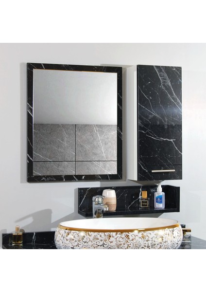 Banyo Dolabı Aynası Rafı Mdf 80 cm Üst Modül Siyah Beyaz Mermer Desen modelleri