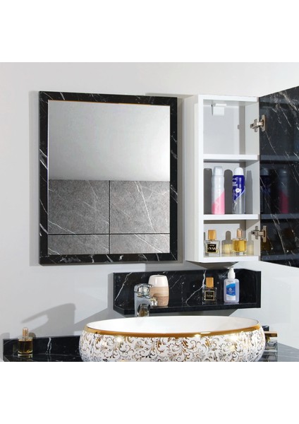 Banyo Dolabı Aynası Rafı Mdf 80 cm Üst Modül Siyah Beyaz Mermer Desen fırsatları
