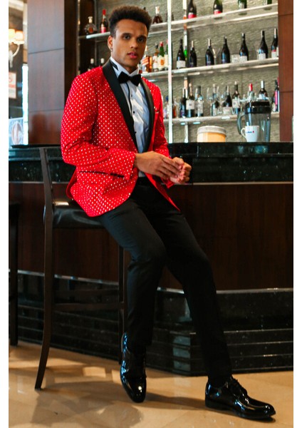 Nokta Desenli Slim Fit Kırmızı Erkek Smokin Ceket